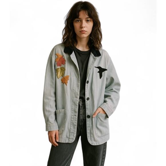 Vtg Denim Bird Leaf Applique Corduroy Collar Jacket Womens Sz M Oversized Boho - Picture 1 of 10
